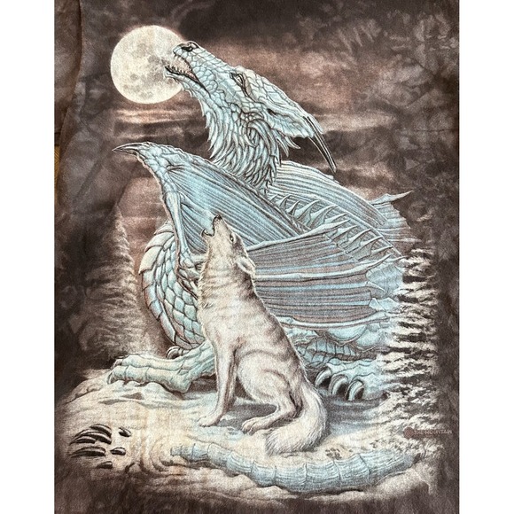 Dragon Wolf Moon Howling Wolves Fantasy‎ Winged Horned Gray Mountain T Shirt M - Picture 1 of 9